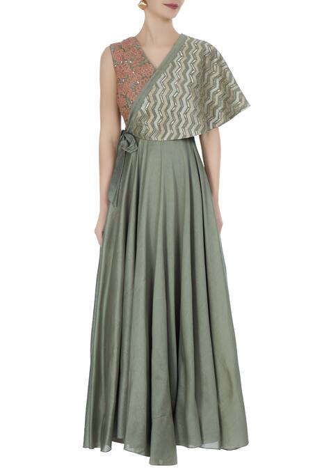 Buy_Shruti Ranka_Grey Sea-salt Embroidered Anarkali With Tie-up Cape_Online_at_Aza_Fashions
