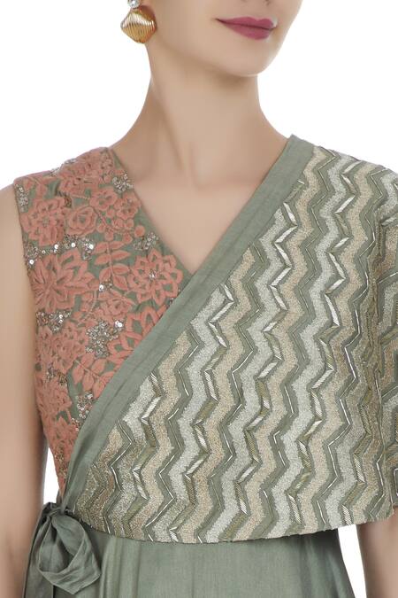 Shruti Ranka_Grey Sea-salt Embroidered Anarkali With Tie-up Cape_at_Aza_Fashions