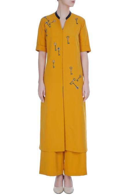 Shop Shahin Mannan Yellow Vintage Key Bead Embroidered Kurta Set Online at Aza Fashions Shop_Shahin Mannan_Yellow Vintage Key Bead Embroidered Kurta Set_Online_at_Aza_Fashions