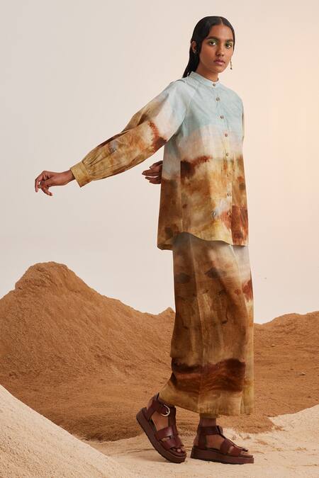 Cord_Blue , Satin Mandarin Collar Blotch Print Shirt And Pant Set_at_Aza_Fashions