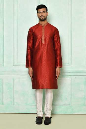 Shop_Arihant Rai Sinha_Maroon Silk Printed Floral Pattern Kurta_Online_at_Aza_Fashions
