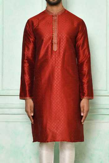 Arihant Rai Sinha_Maroon Silk Printed Floral Pattern Kurta_at_Aza_Fashions