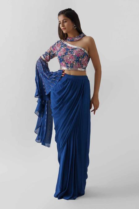 Suruchi Parakh_Blue Satin Silk, Georgette Crepe, Lining Shantoon Draped Skirt And Crop Top Set_Online_at_Aza_Fashions
