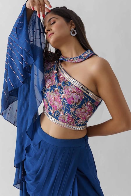 Buy_Suruchi Parakh_Blue Satin Silk, Georgette Crepe, Lining Shantoon Draped Skirt And Crop Top Set_Online_at_Aza_Fashions