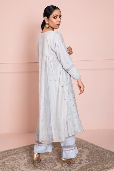 Shop Ruh Clothing Blue Cotton Silk Mulmul Notched Chikankari Kurta Set at Aza Fashions Shop_Ruh Clothing_Blue Cotton Silk Mulmul Notched Chikankari Kurta Set _at_Aza_Fashions