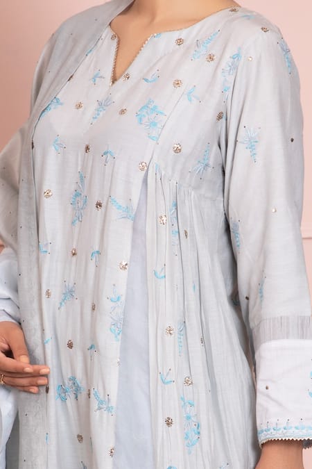Ruh Clothing Blue Cotton Silk Mulmul Notched Chikankari Kurta Set Online at Aza Fashions Ruh Clothing_Blue Cotton Silk Mulmul Notched Chikankari Kurta Set _Online_at_Aza_Fashions