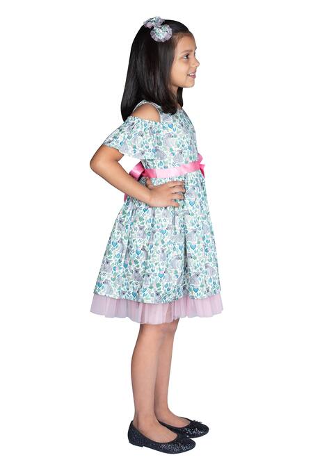 Ribbon Candy_Grey Cotton Bows Cold Shoulder Printed Dress_Online_at_Aza_Fashions