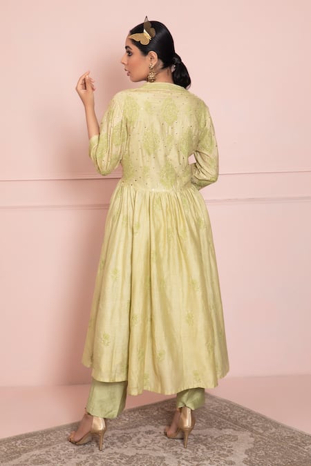 Shop Ruh Clothing Green Chanderi Jacket Open Slip Round Chikankari Anarkali Set at Aza Fashions Shop_Ruh Clothing_Green Chanderi Jacket Open Slip Round Chikankari Anarkali Set _at_Aza_Fashions