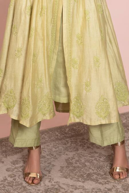 Buy Ruh Clothing Green Chanderi Jacket Open Slip Round Chikankari Anarkali Set Online at Aza Fashions Buy_Ruh Clothing_Green Chanderi Jacket Open Slip Round Chikankari Anarkali Set _Online_at_Aza_Fashions