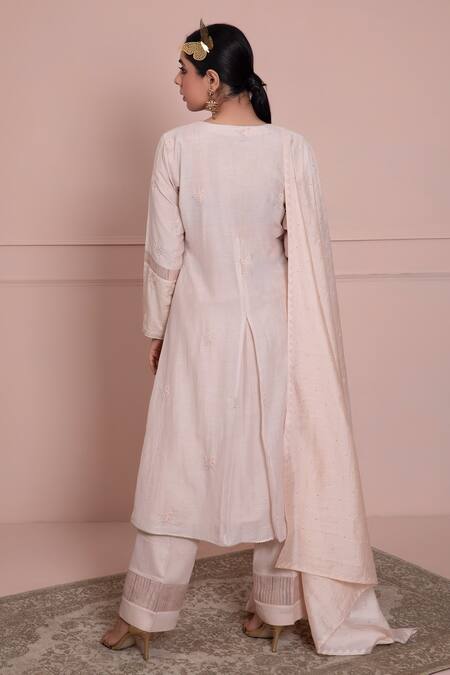 Shop Ruh Clothing Pink Cotton Silk Mulmul V Neck Chikankari Kurta Set at Aza Fashions Shop_Ruh Clothing_Pink Cotton Silk Mulmul V Neck Chikankari Kurta Set _at_Aza_Fashions
