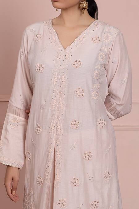 Ruh Clothing Pink Cotton Silk Mulmul V Neck Chikankari Kurta Set Online at Aza Fashions Ruh Clothing_Pink Cotton Silk Mulmul V Neck Chikankari Kurta Set _Online_at_Aza_Fashions