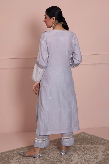 Shop Ruh Clothing Blue Cotton Silk Mulmul Round Chikankari Kurta And Pant Set at Aza Fashions Shop_Ruh Clothing_Blue Cotton Silk Mulmul Round Chikankari Kurta And Pant Set _at_Aza_Fashions