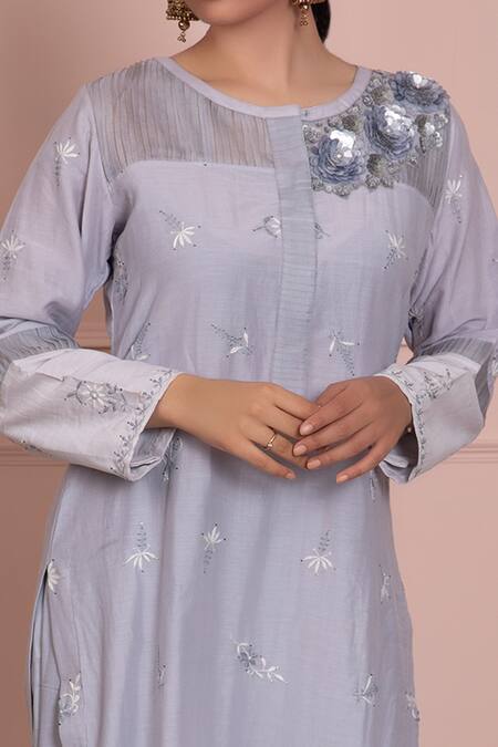 Ruh Clothing Blue Cotton Silk Mulmul Round Chikankari Kurta And Pant Set Online at Aza Fashions Ruh Clothing_Blue Cotton Silk Mulmul Round Chikankari Kurta And Pant Set _Online_at_Aza_Fashions