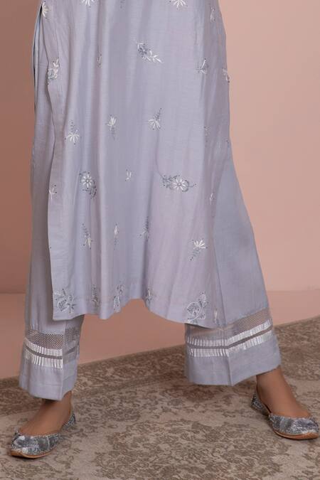 Buy Ruh Clothing Blue Cotton Silk Mulmul Round Chikankari Kurta And Pant Set Online at Aza Fashions Buy_Ruh Clothing_Blue Cotton Silk Mulmul Round Chikankari Kurta And Pant Set _Online_at_Aza_Fashions