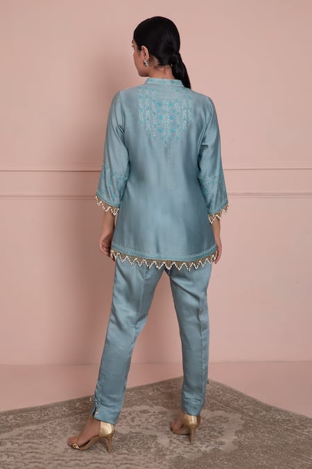 Shop Ruh Clothing Blue Chanderi Mandarin Collar Chikankari Peplum Top Set at Aza Fashions Shop_Ruh Clothing_Blue Chanderi Mandarin Collar Chikankari Peplum Top Set _at_Aza_Fashions