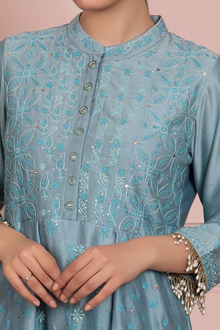 Ruh Clothing Blue Chanderi Mandarin Collar Chikankari Peplum Top Set Online at Aza Fashions Ruh Clothing_Blue Chanderi Mandarin Collar Chikankari Peplum Top Set _Online_at_Aza_Fashions