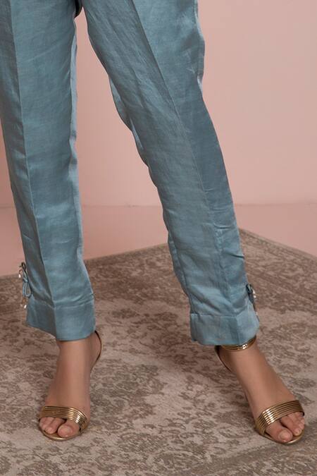 Buy Ruh Clothing Blue Chanderi Mandarin Collar Chikankari Peplum Top Set Online at Aza Fashions Buy_Ruh Clothing_Blue Chanderi Mandarin Collar Chikankari Peplum Top Set _Online_at_Aza_Fashions