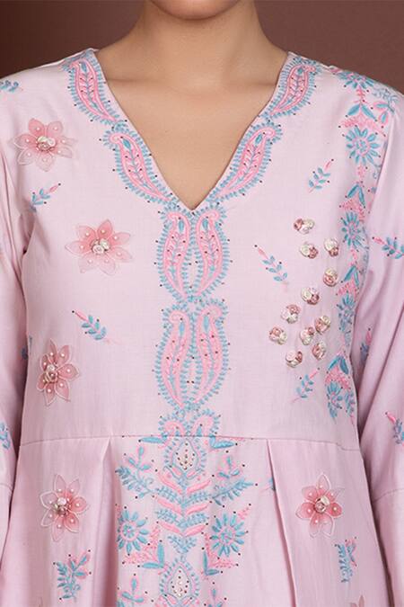 Ruh Clothing Pink Cotton Silk Mulmul V Neck Chikankari Chanderi Peplum Top Set Online at Aza Fashions Ruh Clothing_Pink Cotton Silk Mulmul V Neck Chikankari Chanderi Peplum Top Set _Online_at_Aza_Fashions