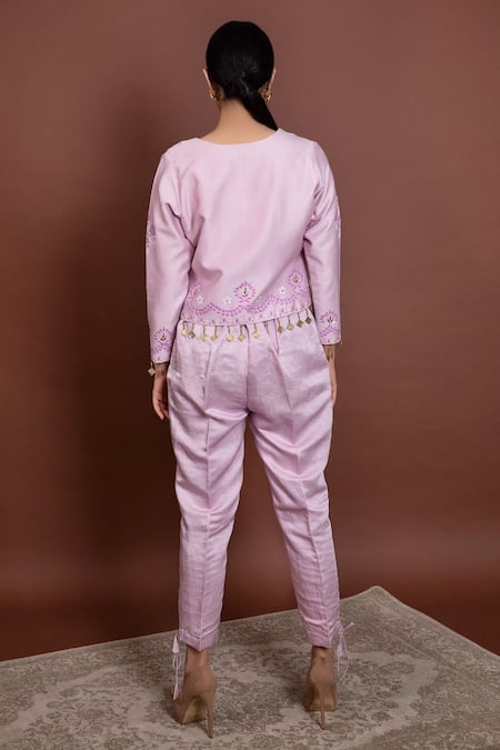 Shop Ruh Clothing Purple Chanderi Round Chikankari Jacket And Pant Set at Aza Fashions Shop_Ruh Clothing_Purple Chanderi Round Chikankari Jacket And Pant Set _at_Aza_Fashions