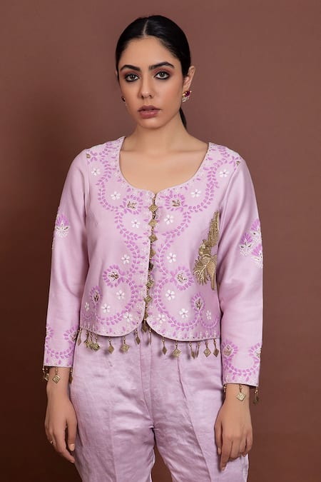 Ruh Clothing Purple Chanderi Round Chikankari Jacket And Pant Set Online at Aza Fashions Ruh Clothing_Purple Chanderi Round Chikankari Jacket And Pant Set _Online_at_Aza_Fashions