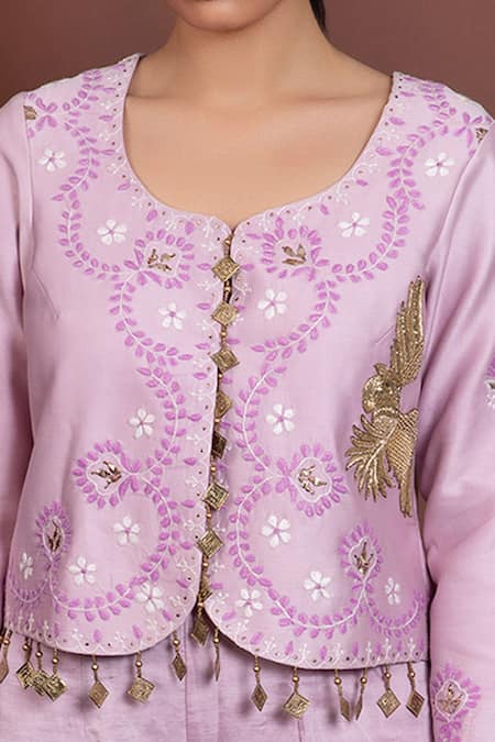 Buy Ruh Clothing Purple Chanderi Round Chikankari Jacket And Pant Set Online at Aza Fashions Buy_Ruh Clothing_Purple Chanderi Round Chikankari Jacket And Pant Set _Online_at_Aza_Fashions
