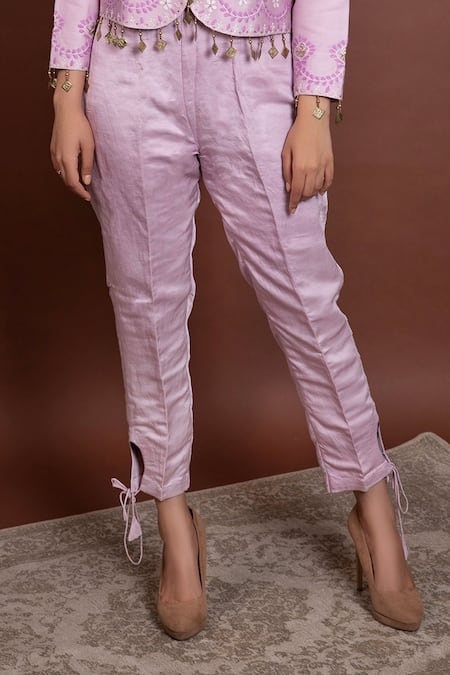 Shop Ruh Clothing Purple Chanderi Round Chikankari Jacket And Pant Set Online at Aza Fashions Shop_Ruh Clothing_Purple Chanderi Round Chikankari Jacket And Pant Set _Online_at_Aza_Fashions