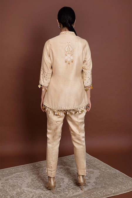Shop Ruh Clothing Beige Chanderi Mandarin Collar Chikankari Peplum Top Set at Aza Fashions Shop_Ruh Clothing_Beige Chanderi Mandarin Collar Chikankari Peplum Top Set _at_Aza_Fashions