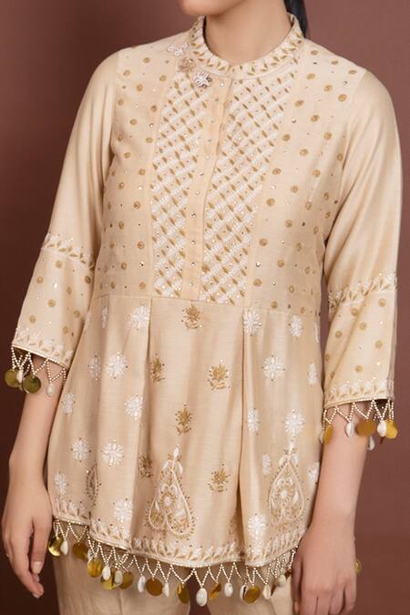 Ruh Clothing Beige Chanderi Mandarin Collar Chikankari Peplum Top Set Online at Aza Fashions Ruh Clothing_Beige Chanderi Mandarin Collar Chikankari Peplum Top Set _Online_at_Aza_Fashions