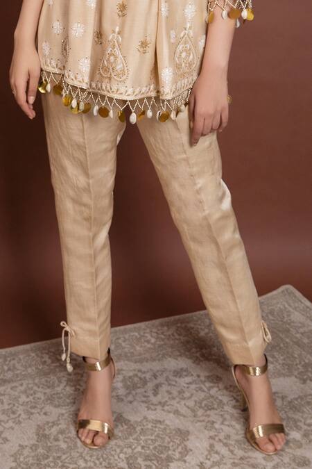 Buy Ruh Clothing Beige Chanderi Mandarin Collar Chikankari Peplum Top Set Online at Aza Fashions Buy_Ruh Clothing_Beige Chanderi Mandarin Collar Chikankari Peplum Top Set _Online_at_Aza_Fashions