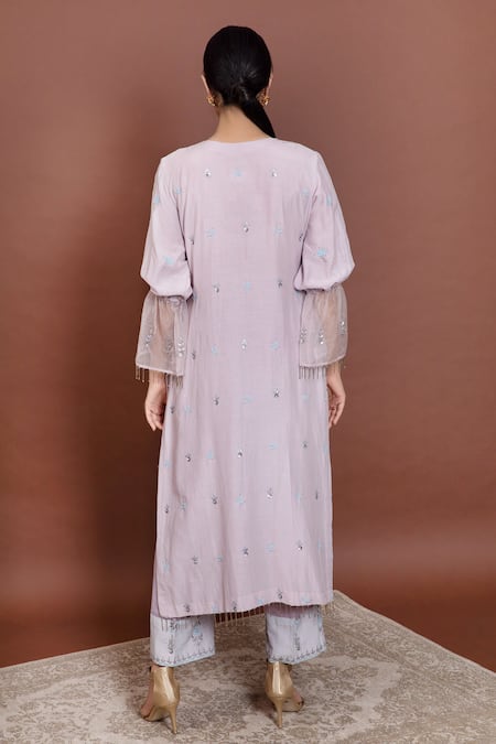 Shop Ruh Clothing Blue Chanderi Round Chikankari Kurta Set at Aza Fashions Shop_Ruh Clothing_Blue Chanderi Round Chikankari Kurta Set _at_Aza_Fashions