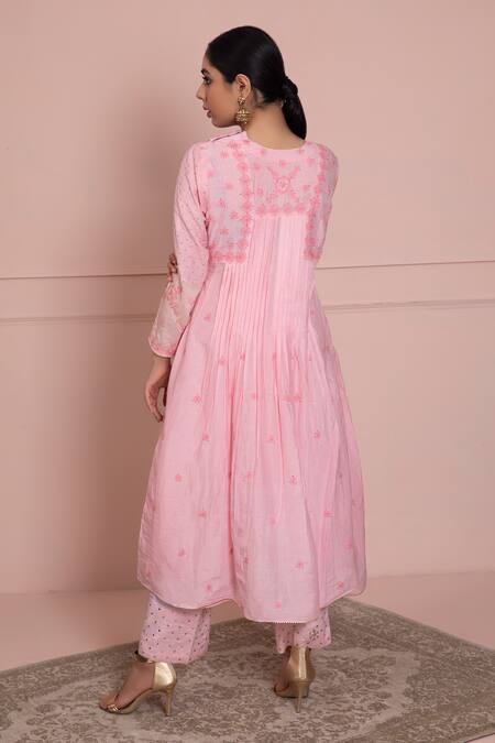 Shop Ruh Clothing Pink Cotton Silk Mulmul Round Chikankari Kurta Set at Aza Fashions Shop_Ruh Clothing_Pink Cotton Silk Mulmul Round Chikankari Kurta Set _at_Aza_Fashions