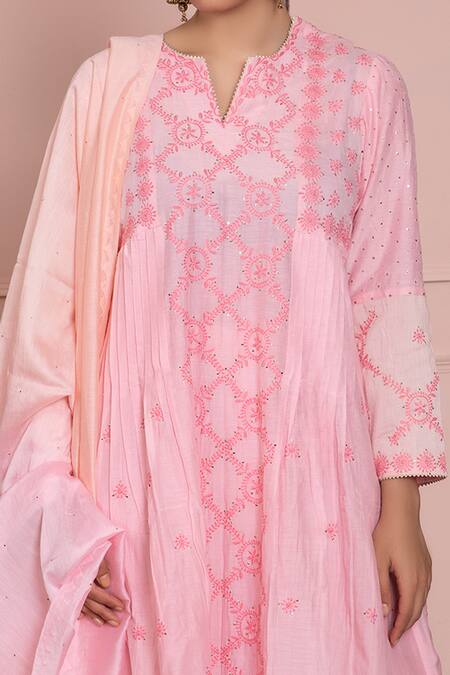 Ruh Clothing Pink Cotton Silk Mulmul Round Chikankari Kurta Set Online at Aza Fashions Ruh Clothing_Pink Cotton Silk Mulmul Round Chikankari Kurta Set _Online_at_Aza_Fashions