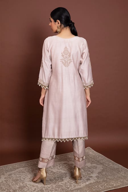 Shop Ruh Clothing Brown Chanderi Round Chikankari Kurta Set at Aza Fashions Shop_Ruh Clothing_Brown Chanderi Round Chikankari Kurta Set _at_Aza_Fashions