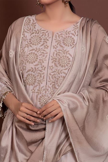 Ruh Clothing Brown Chanderi Round Chikankari Kurta Set Online at Aza Fashions Ruh Clothing_Brown Chanderi Round Chikankari Kurta Set _Online_at_Aza_Fashions