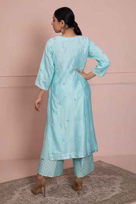 Shop Ruh Clothing Blue Chanderi V Neck Chikankari Kurta And Pant Set at Aza Fashions Shop_Ruh Clothing_Blue Chanderi V Neck Chikankari Kurta And Pant Set _at_Aza_Fashions