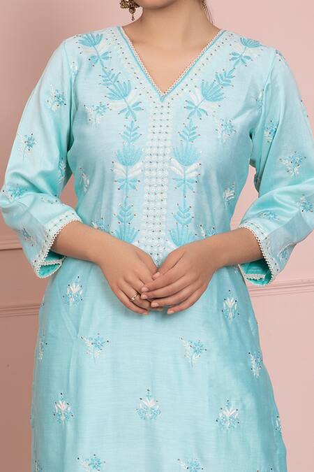 Ruh Clothing Blue Chanderi V Neck Chikankari Kurta And Pant Set Online at Aza Fashions Ruh Clothing_Blue Chanderi V Neck Chikankari Kurta And Pant Set _Online_at_Aza_Fashions