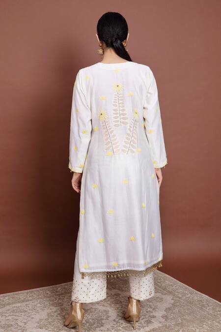 Shop Ruh Clothing White Chanderi Notched Chikankari Kurta Set at Aza Fashions Shop_Ruh Clothing_White Chanderi Notched Chikankari Kurta Set _at_Aza_Fashions