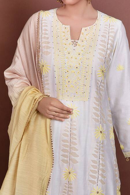 Ruh Clothing White Chanderi Notched Chikankari Kurta Set Online at Aza Fashions Ruh Clothing_White Chanderi Notched Chikankari Kurta Set _Online_at_Aza_Fashions