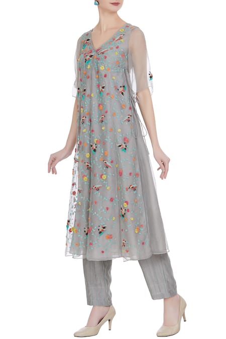 Rimzim Dadu Grey Bird Motif Embroidered Organza Dress