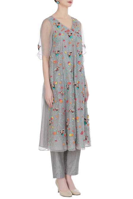Rimzim Dadu_Grey Bird Motif Embroidered Organza Dress_Online_at_Aza_Fashions