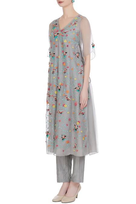 Buy_Rimzim Dadu_Grey Bird Motif Embroidered Organza Dress_Online_at_Aza_Fashions