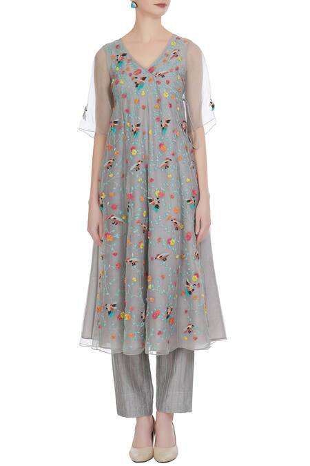 Shop_Rimzim Dadu_Grey Bird Motif Embroidered Organza Dress_Online_at_Aza_Fashions