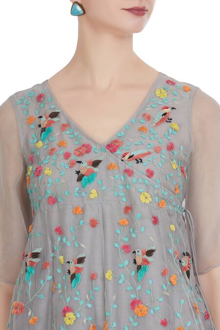 Rimzim Dadu_Grey Bird Motif Embroidered Organza Dress_at_Aza_Fashions