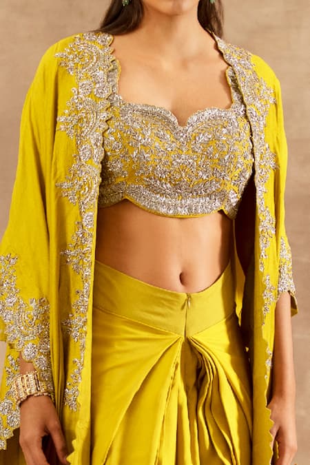 Jayanti Reddy_Yellow Silk, Raw Silk, Twill Zardozi Embroidered Cape With Cowl Skirt Set _Online_at_Aza_Fashions