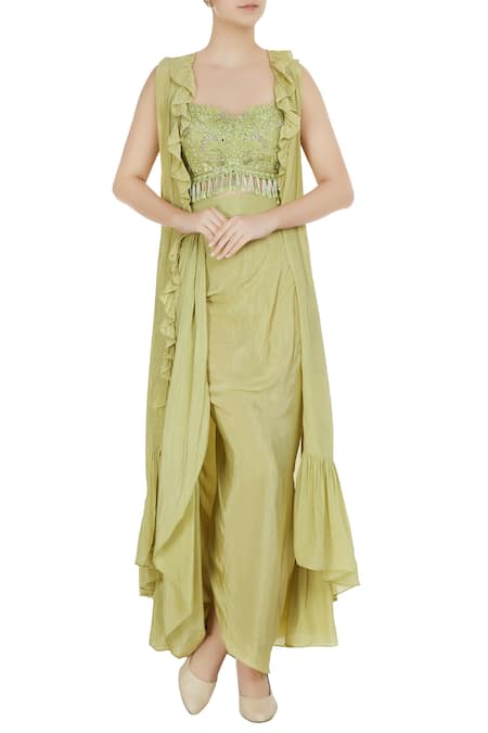 Arpita Mehta Green Natural Crepe Silk Embellished Jacket And Draped Skirt Set