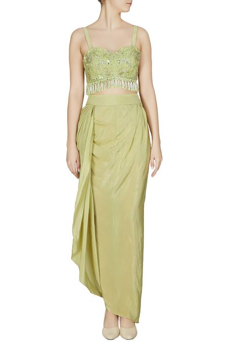 Arpita Mehta_Green Natural Crepe Silk Embellished Jacket And Draped Skirt Set_Online_at_Aza_Fashions