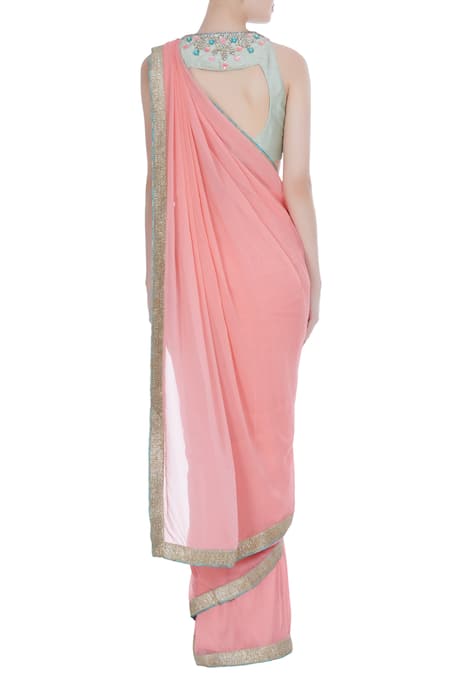 Shop_Rajat & Shraddha_Green Dupion Round Pre-draped Saree With Blouse  _at_Aza_Fashions