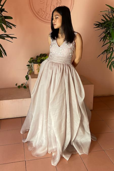 PIRI INDIA_Purple Organza Sequins, Pearls, Beads V-neck Hand Embroidered Cowl Gown _Online_at_Aza_Fashions