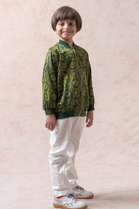 Buy_Thetaa_Green Modal, Satin, Velvet Ajrakh Print Bomber Jacket_Online_at_Aza_Fashions