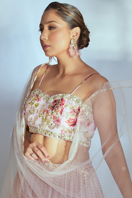 Buy_Suruchi Parakh_Pink Floral Print, Bead, Cutdana And Sequin Work Sweetheart Flared Lehenga Set _Online_at_Aza_Fashions